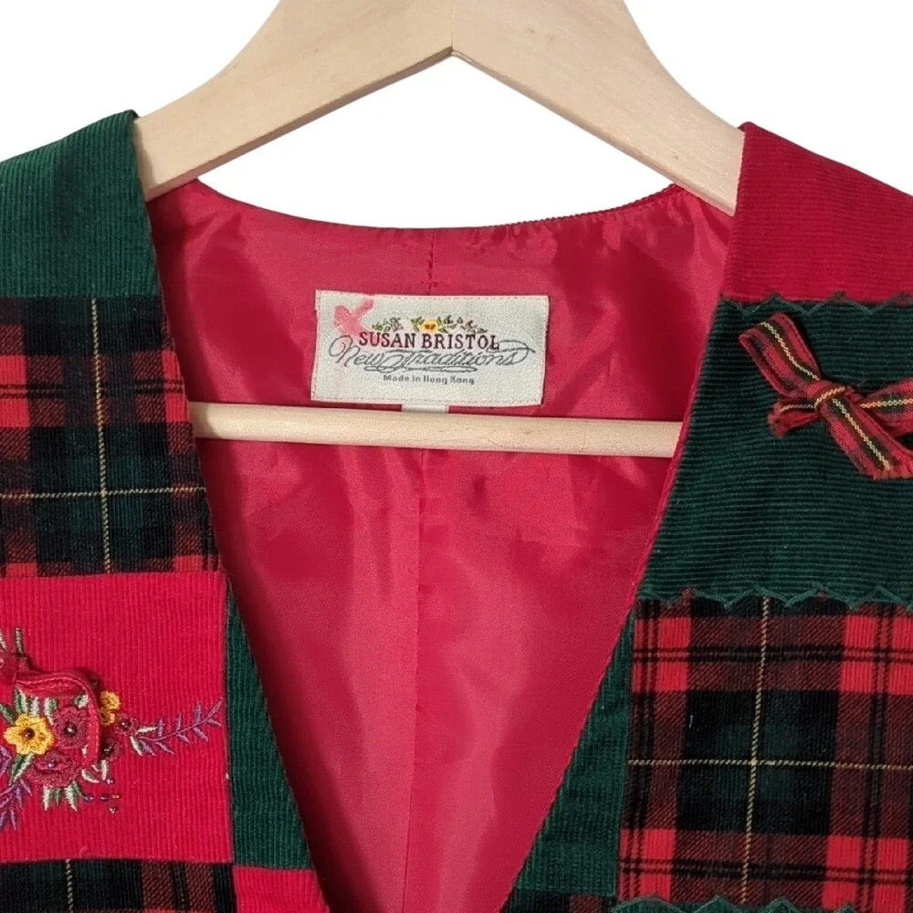 Vintage 90s Susan Bristol Patchwork Corduroy‎ Vest Holiday Christmas